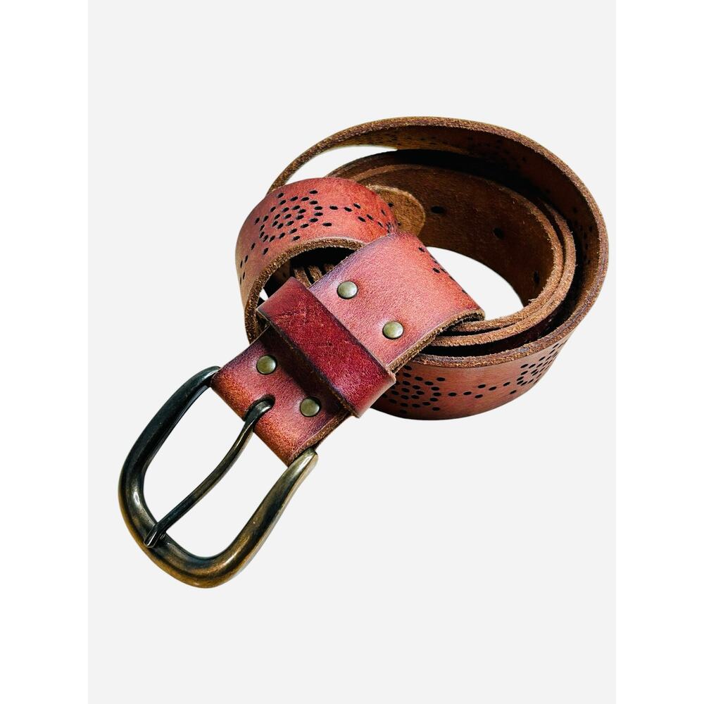 American Eagle AEO Reddish Brown Leather Belt Womens XXL Laser Cut Sunbursts